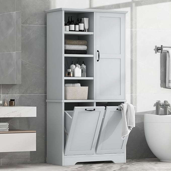 Virubi Tall Laundry Cabinet with 2 Tilt Out Laundry Hampers, Wood Bathroom Storage Cabinet with Doors and Adjustable Shelves, for Bathroom Sotrage Organization, Freestanding, Grey