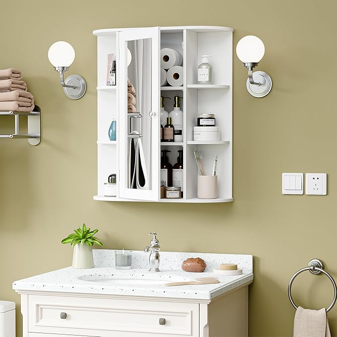 SUPER DEAL Bathroom Mirror Medicine Cabinet with Storage, Wall Mount Cabinet with Mirror Door, Inner Adjustable Shelves, 6 Open Shelves, White