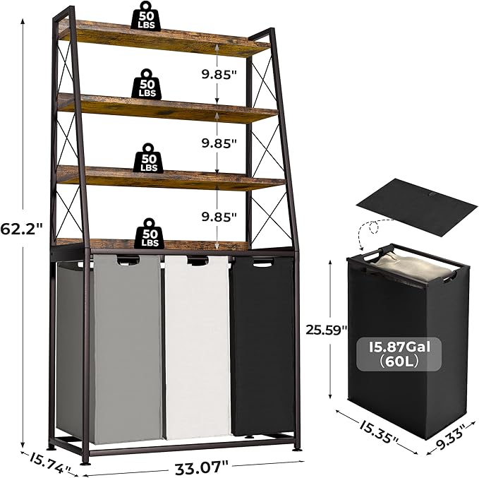 Herture Laundry Basket, 3 Section Laundry Hamper with 4 Tiers Shelf, Pull-Out and Removable Laundry Bags, Large 3 x 15.87 Gallons, for Laundry Room Bathroom Rustic Brown PF05XLN