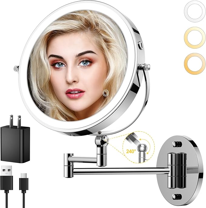 ZLOKLA 9" Wall Mounted Lighted Makeup Mirror,4000mAh Rechargeable Double Sided 1X/10X Magnifying Mirror with Light,Touch Dimmable,Extended Arm 360 Rotation Wall Mounted Makeup Mirror 3 Color Lights