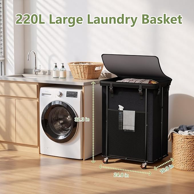 220L Laundry Hamper with Cover, Rolling Laundry Basket with Wheels, Large & Tall Dirty Clothes Hamper with Metal Frame and Removable Bag for Bedroom Aesthetic, Laundry Room, Bathroom, Dorm