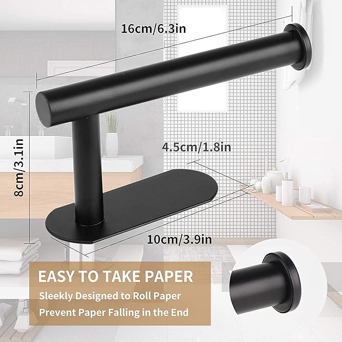LAYUKI Toilet Paper Holder,Matt Black, Wall Mount,Upgraded Adhesive Toilet Paper Roll Holder,no Drilling,Bathroom/Rv/Washroom, SUS 304 Stainless Steel, Rustproof (Black, 2 Pieces)