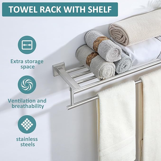 Alise Towel Racks for Bathroom Wall Mounted,Bathroom Towel Rack with Tower Bar,32 Inch Double Towel Racks for Bathroom,SUS304 Stainless Steel Bathroom Towel Holder Brushed Nickel