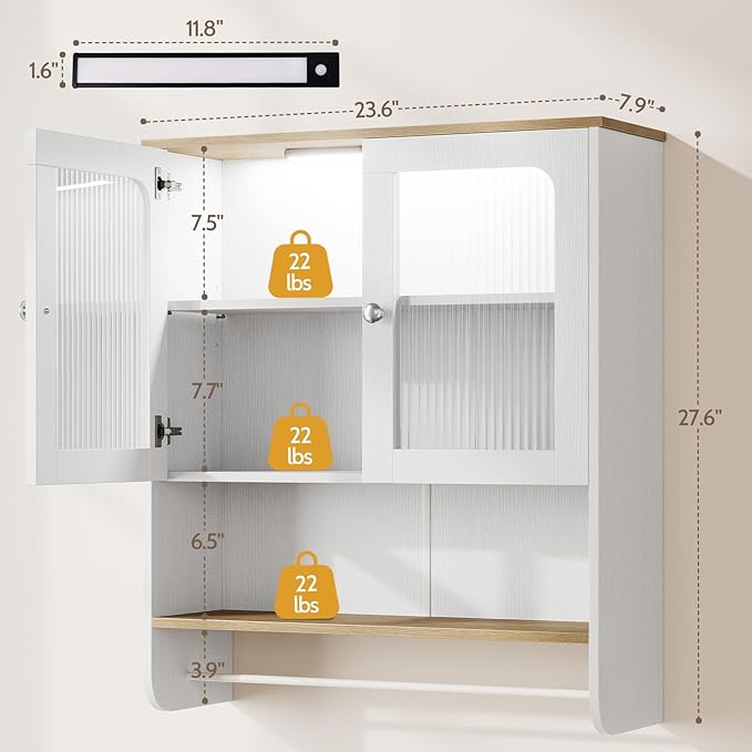 Fluted Bathroom Cabinet Wall Mounted with Towel Bar, Hanging Medicine Cabinet Organizer for Bathroom Storage w/ Motion Sensor LED Light, White Over Toilet Storage Cabinet w/ 2 Door, Adjustable Shelf