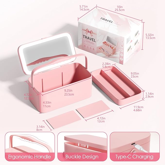 Makeup Case with Mirror and Light - Portable Cosmetic Box Rechargeable with 3 Color Mode and DIY Partitions for Women Girls (Pink B)