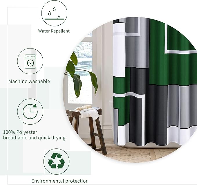 Green Shower Curtains for Bathroom Grey Shower Curtain Set with Hooks Geometric Linen Fabric Green and White Bath Curtains Decorative Water Repellent, 72x72