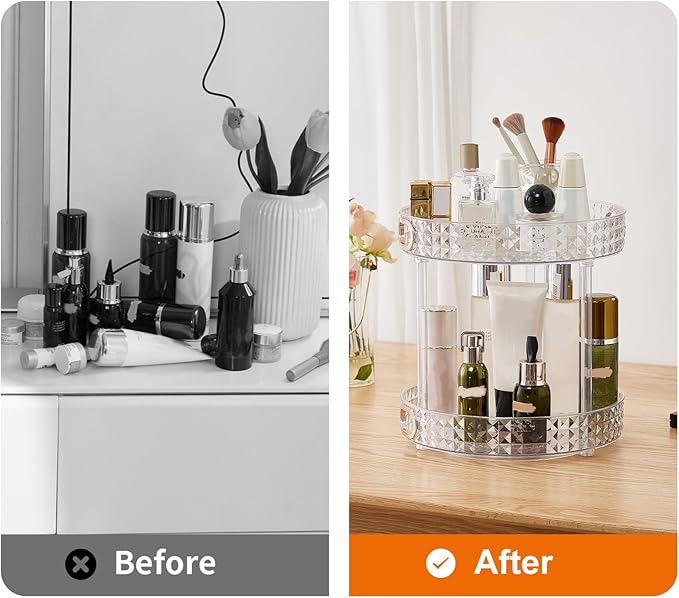 360?? Rotating Makeup Organizer, 2 Tier Large Perfume Organizers with Portable Handle for Vanity Bathroom Countertop, Bathroom Counter Organizer for Cosmetics Skincare Perfume