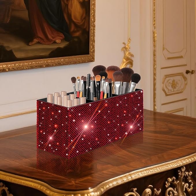 Bling Makeup Brush Holder Organizer, 3 Slot Sparkle Cosmetics Brushes Storage Holders with Shiny Rhinestones, Glitter Cute Pen and Pencil Holder for Desk, Eyeliners Display Case for Vanity???Wine Red???