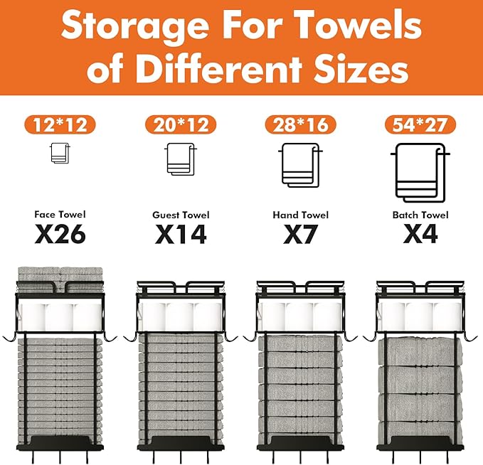 Towel Racks for Bathroom 23.8 Inch Wall Mounted Towel Rack with Shelf, Small Bathroom Towel Storage Holds 3–6 Large Rolled Towels, Metal Wall Towel Rack, Black