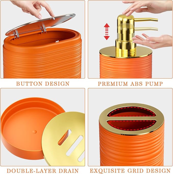Bathroom Set - Bathroom Sets with Shower Curtain and Rugs, 25PC Bathroom Accessory Set, Orange Bathroom Accessories Set with Trash Can, Soap Dispensers