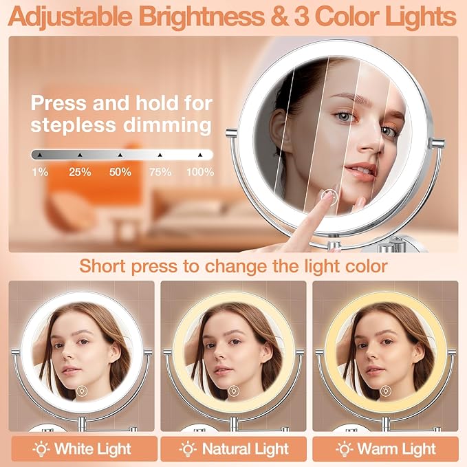 Benbilry 9" Large Wall Mounted Lighted Makeup Mirror, 1X/10X Magnifying 2-Sided AC Plug-in Powered Bathroom Mirror with 3 Color Lights, Touch Dimmable, Extended Arm 360° Rotation, 【Silver】