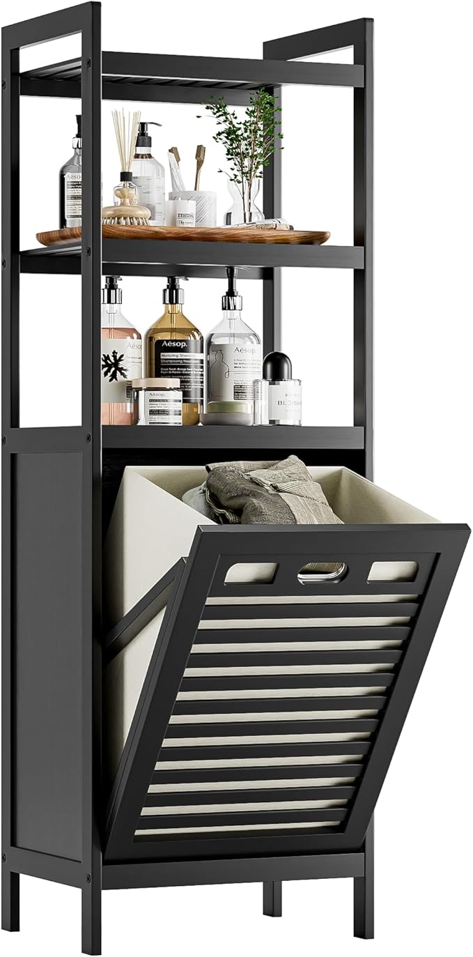 HITNET Tilt Out Laundry Hamper, Bamboo Bathroom Cabinet with Pull Out Removable Bag and 3 Tier Storage Shelves, 10 Gal Clothes Basket with Metal Handle, Black
