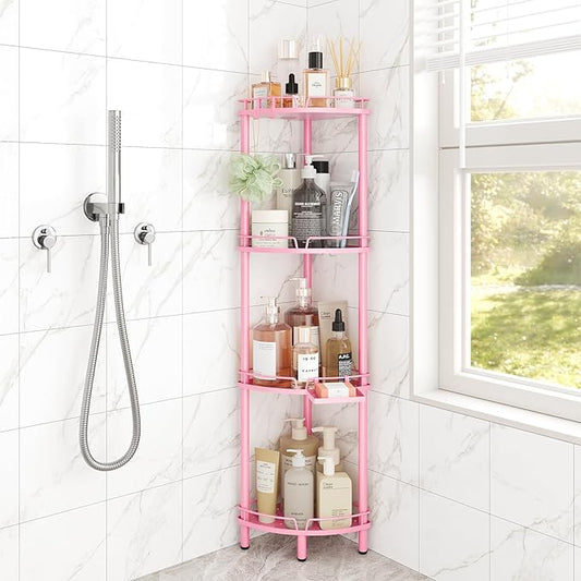 ELYKEN Corner Shower Caddy Standing, 4 Tier Rustproof Metal Shower Organizer with Soap Holder, Floor Shower Corner Shelf Rack Storage Stands with Adjustable Feet & 2 Hooks for Bathroom, Pink