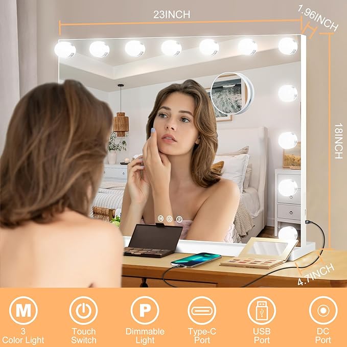 Moonee Vanity Mirror with Lights, Hollywood Lighted Makeup Mirror with 15 Dimmable Bulbs and 10X Magnification, 3 Colors Modes, Light Up Mirror, Gifts for Women, Girls,Dorm Room Essentials（23" x 18"）