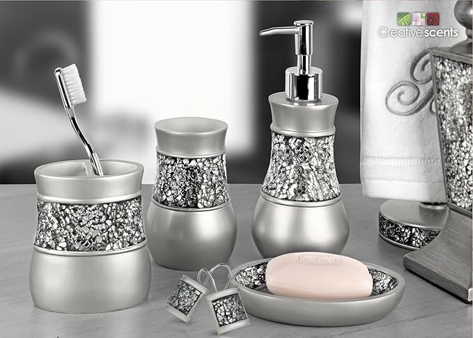 Creative Scents Crackled Glass Silver Shower Curtain Hooks Decorative - Set of 12 Shower Curtain Rings for Bathroom Shower Rod - Elegant Crackled Glass Shower Curtain Hooks