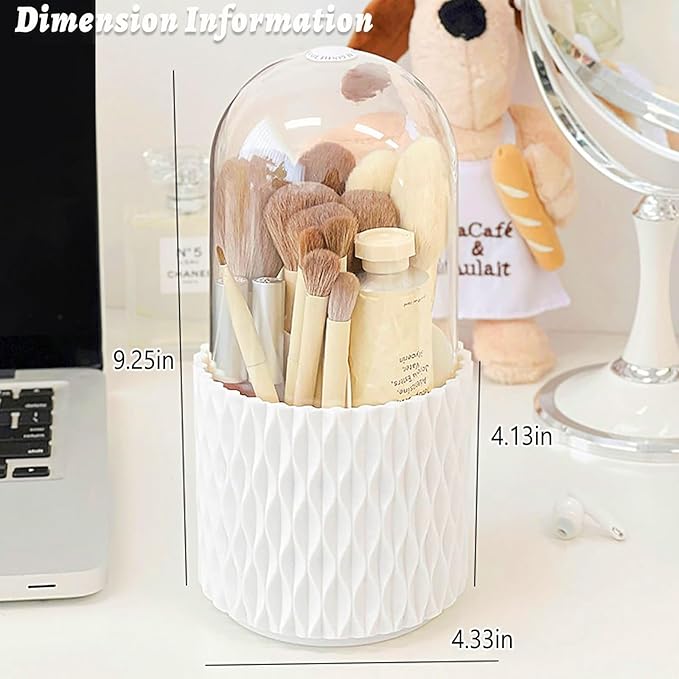 VNIMTI 360??Smooth Rotating Makeup Brush Holder with Dustproof Lid Spinning Vanity Organizer for Beauty Lipstick Perfume,Brushes Storage Container,Countertop,Dressing Table,Bathroom Desk (White)