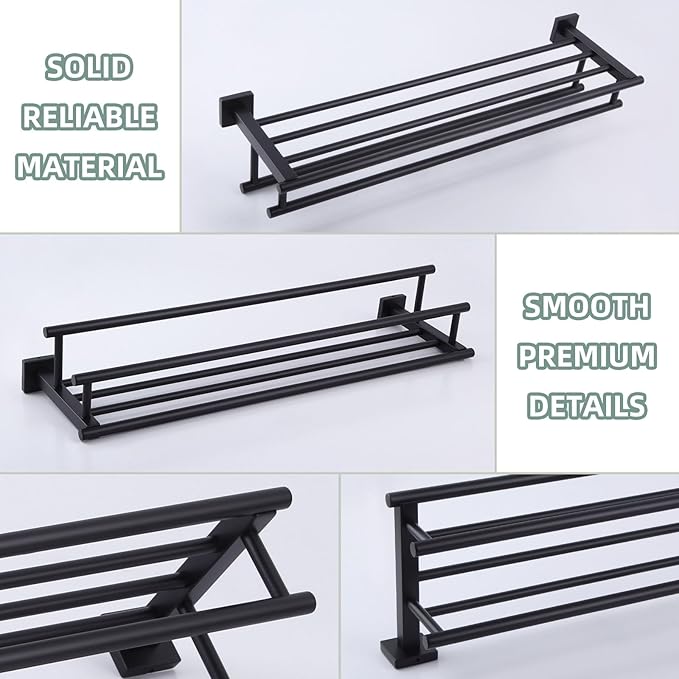 Bath Towel Shelf with 2 Towel Holders, Angle Simple Stainless Steel Bathroom Towel Rack with Towel Bars, Wall Mount Train Rack Matte Black 27.56 Inches
