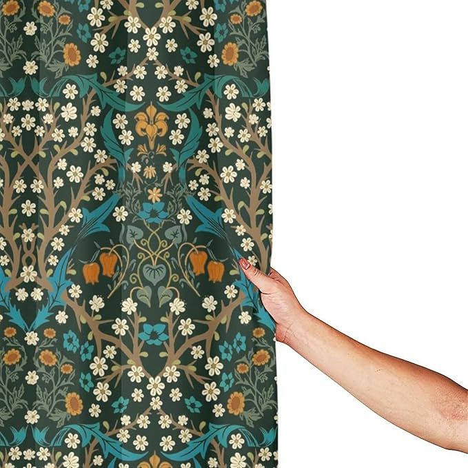Mid Century Vintage Daisy Fabric Shower Curtain,Green Garden Flower William Morris Abstract Art Hotel Quality,Machine Washable,84L x72W for Bathroom.