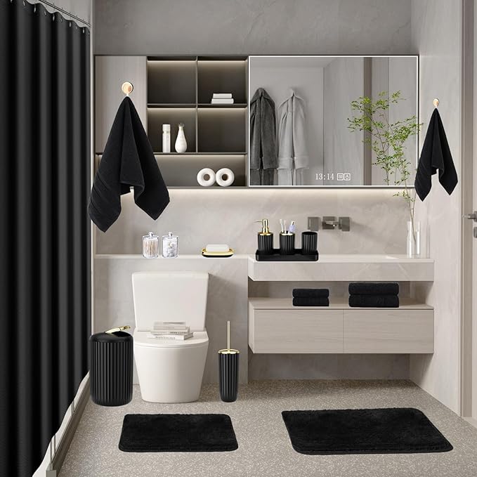 Black Bathroom Accessories Set - 26PCS Black Bathroom Set with Shower Curtain, Rugs, Shower Curtain, Trash Can, Toilet Brush, Soap Dispenser and Toothbrush Set