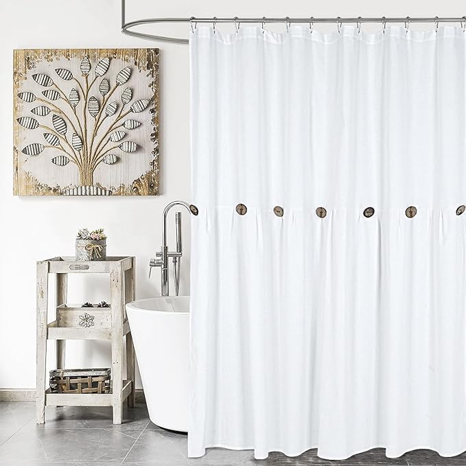 Farmhouse Shower Curtain, White Cloth Button Curtain, Cotton Blend Fabric, Rustic Country Shabby Chic Style, 72x72 in, Bathroom