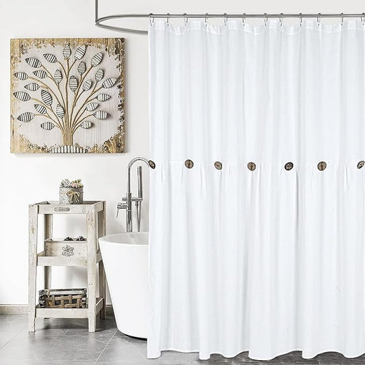 Farmhouse Shower Curtain, White Cloth Button Curtain, Cotton Blend Fabric, Rustic Country Shabby Chic Style, 72x72 in, Bathroom