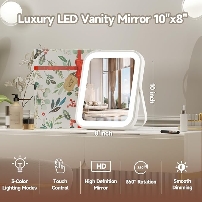 PRIMETEK Travel Makeup Mirror with Lights, Portable Small Beauty LED Vanity Mirror with Lights, Dimmable Touch Screen, Tabletop Folding Compact Mirror,Women Gift