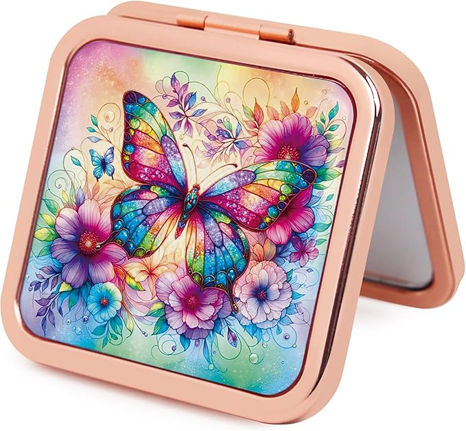 Compact Mirror, Handheld 2.8 inches Travel Makeup Mirror, 1X/2X Magnifying Square Pocket Makeup Mirror Rose Gold Butterfly