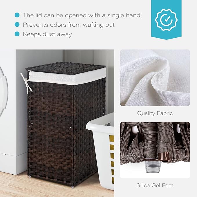 Paylesshere Laundry Hamper Handwoven Laundry Basket 90L/110L Foldable Rattan Laundry Hamper With Lid,2 Removable Liner Bags & 6 Laundry Bags,Clothes Hamper for Bathroom, Brown