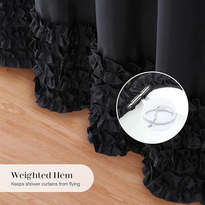 Black Ruffle Shower Curtain, Girls Women Fabric Shower Curtain with Delicate Handcrafted Ruffles, Waterproof Ruched Farmhouse Decorative Bathroom Curtain, 72" W x 72" H