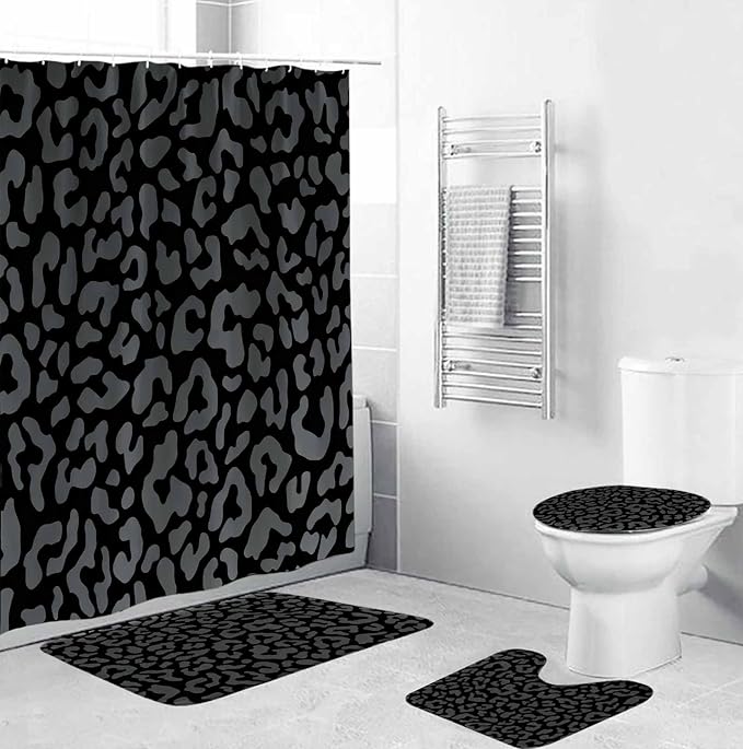 TOMWISH 4 Pcs Leopard Shower Curtain,Black Gray Cheetah Print Bathroom Sets Complete,Shower Curtain Toilet Lid Cover and Bath Mat Bathroom Decor Sets,juego de baños de Set Bath Accessories with Hooks