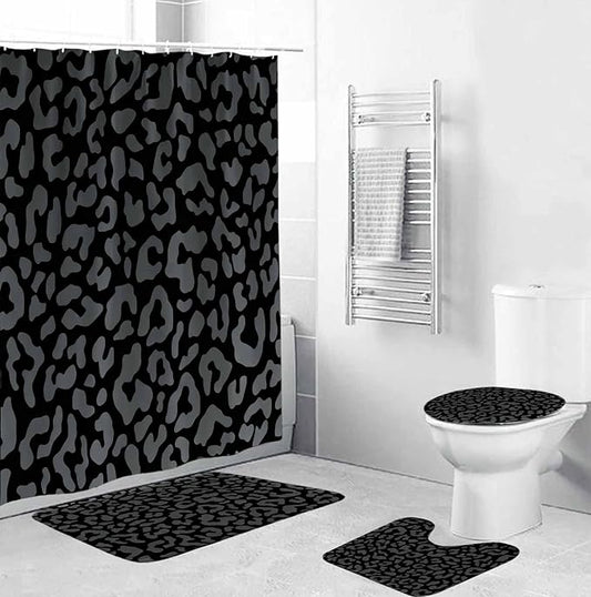 TOMWISH 4 Pcs Leopard Shower Curtain,Black Gray Cheetah Print Bathroom Sets Complete,Shower Curtain Toilet Lid Cover and Bath Mat Bathroom Decor Sets,juego de baños de Set Bath Accessories with Hooks