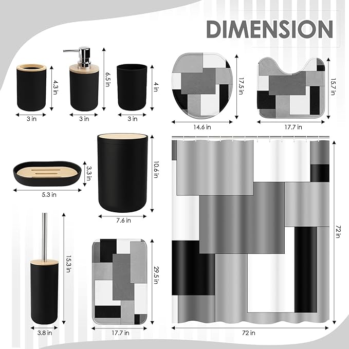 Geometric Checkered Grey Black Bathroom Decor and Accessories Set, Shower Curtain and Rug Set with Trash Can, Soap Dispenser, Soap Dish, Toothbrush Holder, Toothbrush Cup, Toilet Brush