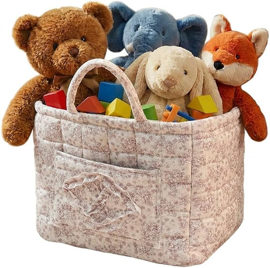 Quilted Fabric Basket Car Storage Basket Boho Floral Laundry Hamper for Nursery Bedroom & Living Room | Organize Clothes Toys