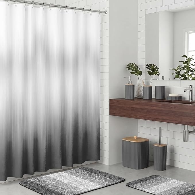 Bathroom Accessories Set - Bathroom Set with Shower Curtain and No Slip Rugs, Trash Can, Toilet Brush Holder Set, Soap Dispenser & Bath Towels - Stylish Bath Decor for Home, Apartment, Grey, 25PCS
