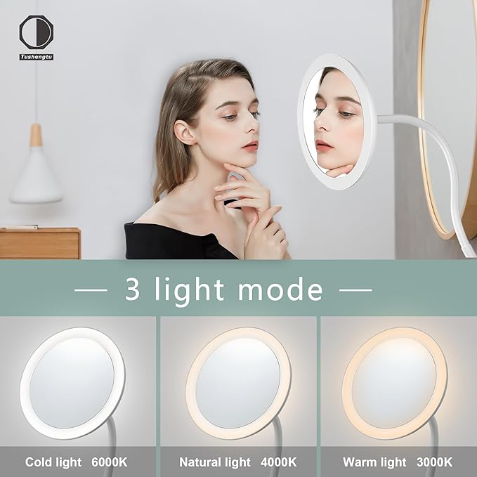 6.5" Clip-On Magnifying Vanity Mirror - 5X Magnification, USB Rechargeable, Lighted, Travel-Friendly (White)