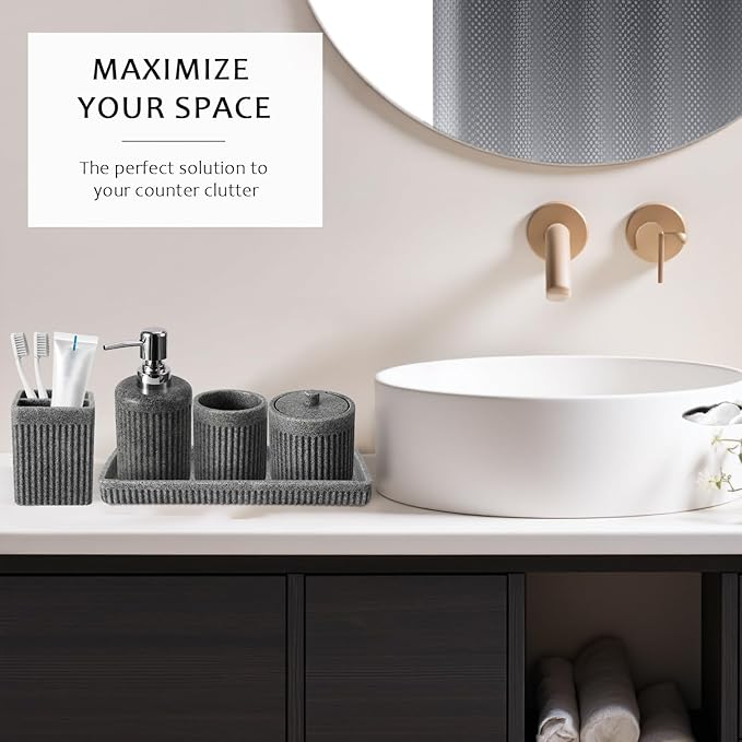 XLHOMO 8-Piece Grey Bathroom Sets with Shower Curtain and Rugs, Resin Bathroom Accessories Sets Complete with Soap Dispenser, Toothbrush Holder, Tumbler & Apothecary Jars Bathroom Essentials