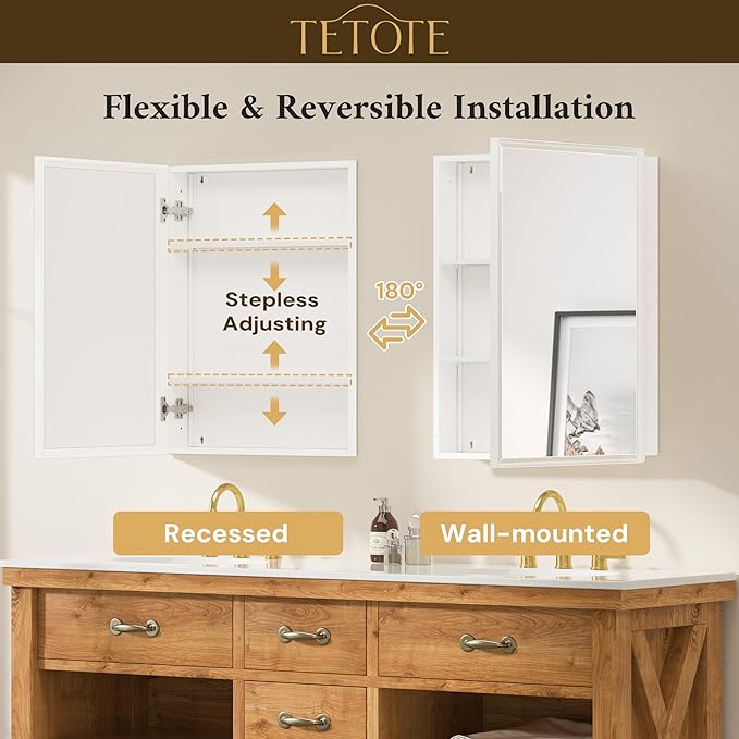 TETOTE White Medicine Cabinet Storage 24" x 30" Medicine Cabinet with Metal Beveled Framed Mirror Stepless Adjustable Shelves for Bathroom Vanity