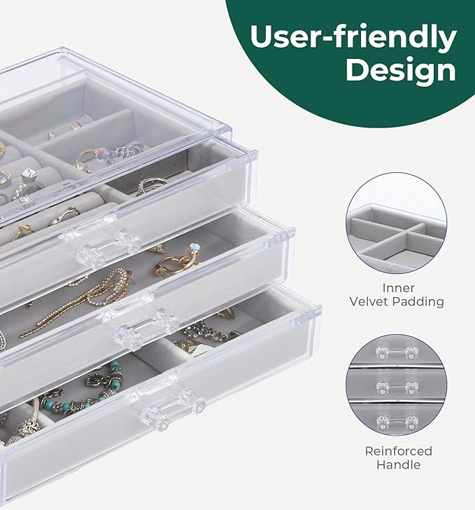 DOZZZ Acrylic Jewelry Organizer Box with 3 Drawers, Clear Earring Storage Display Case Holder with Adjustable Velvet Trays for Rings Necklace Bracelet Women