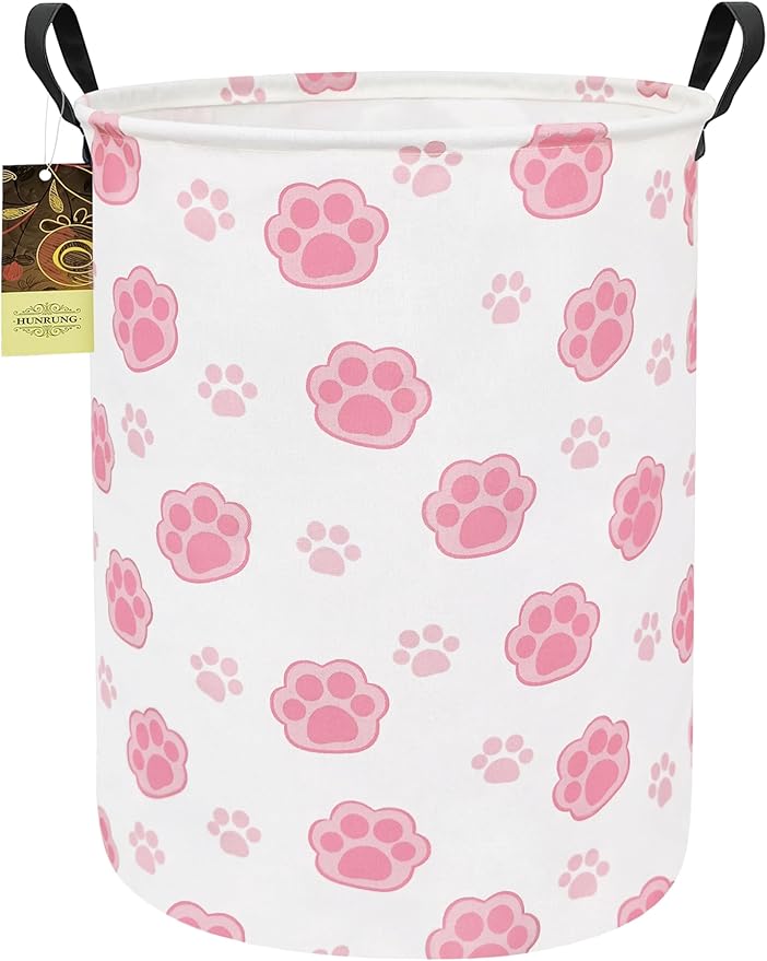 HUNRUNG Laundry Hamper,Large Canvas Fabric Lightweight Storage Basket Toy Organizer Dirty Clothes Collapsible Waterproof for College Dorms???Round-Pink Paw???