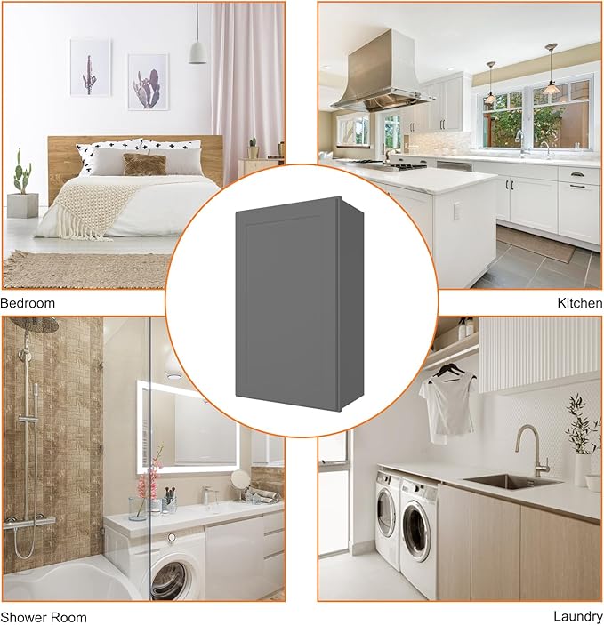 ROOMTEC Wood Wall Cabinet,RTA Single Door Medicine Cabinet with Adjustable Shelves and Soft-Close Door for Kitchen, Bathroom, and Laundry. 12" D*18" W*36" H, Shaker Grey