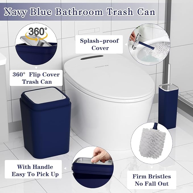 XLHOMO Navy Blue Bathroom Accessories Set, 9-Piece Plastic Gift Set with Trash Can, Toothbrush Holder, Toothbrush Cup, Soap Dispenser, Soap Dish, Toilet Brush Holder,2 Qtip Holder Dispensers and Tray