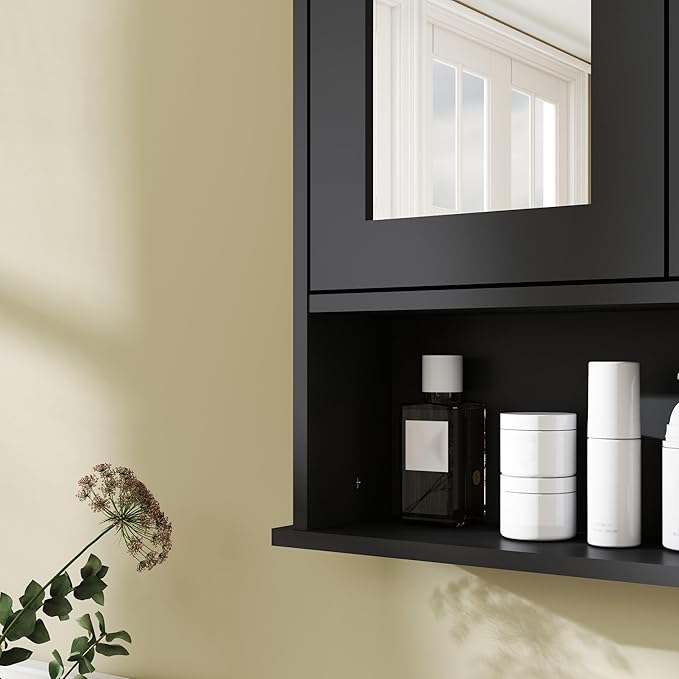Panana Wall Mounted Bathroom Cabinet Wall Cabinet with 2 Mirrored Doors and Open Compartment, Inner Adjustable Shelf, 22" x 5.1" x 22.8" (Black)