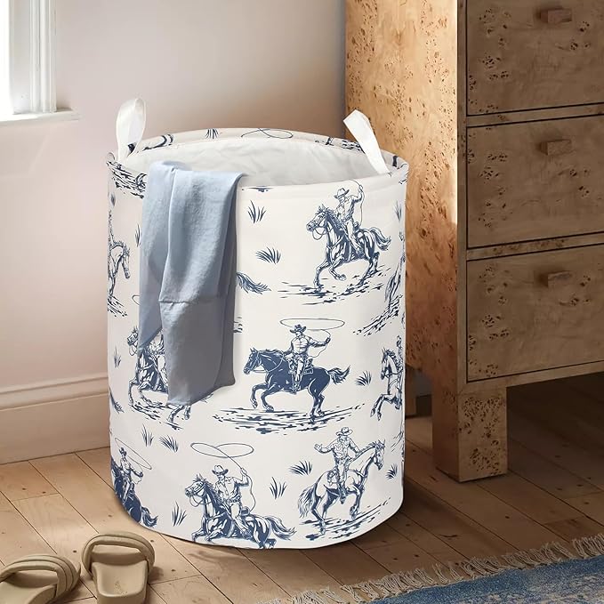 2Pcs Western Cowboy Cute Kids Laundry Basket Baby Nursery Hamper Western Room Decor Foldable Oxford Cloth Funny Tote Clothes Storage Bucket Organizer For Bedroom Teen Girls Boy (Cowboy)