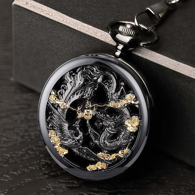 ManChDa Scrying Mirror Black Obsidian Mirror Lucky Dragon & Phoenix Pocket Watch Shell Witchcraft Kit Wiccan Supplies and Tools Witchy Gifts, Black Gold