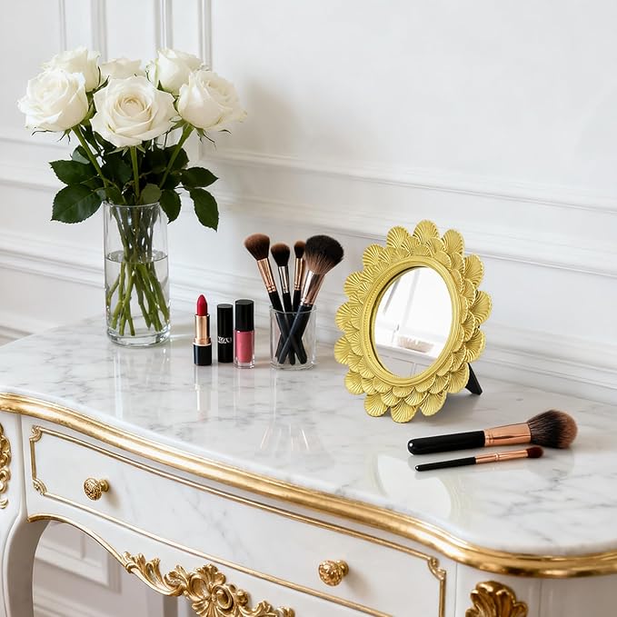 Eorbow 6.5" Vintage Vanity Makeup Desk Mirror, Small Gold Round Mirror for Table, Antique Scallop Edged Wall Mirror Decorative for Living Room Bedroom Dressing Tabletop