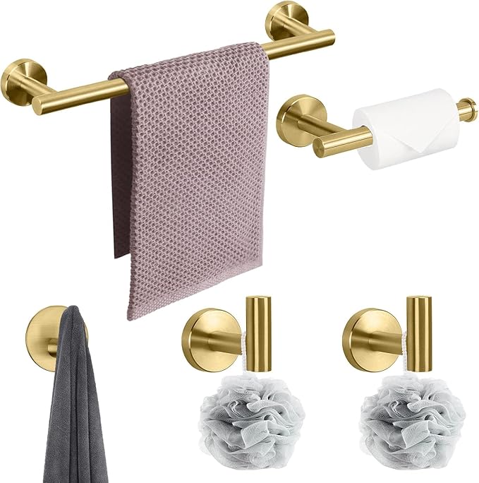 NearMoon Bathroom Hardware Set SUS 304 Thicken Stainless Steel-Towel Bar Set Include 16" Towel Rod, Toilet Paper Holder, Multifunctional Hooks Bathroom Accessories (Brushed Gold, 10 Pcs)