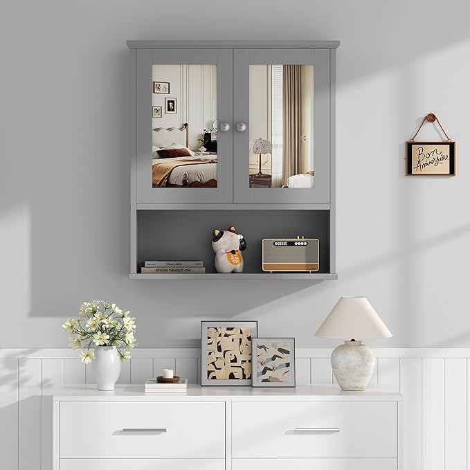 Shintenchi Bathroom Cabinet with Mirror, Wood Medicine Cabinet with Adjustable Shelf, Wall Mount Cabinet Storage, Cupboard, Gray