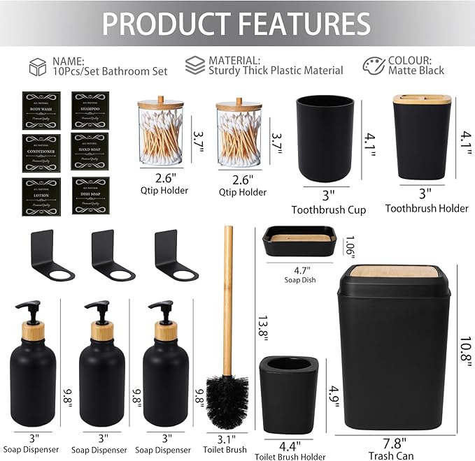 XLHOMO Black and Wood Bathroom Accessories Set 19Pcs, Bathroom Set with Trash Can and Toilet Brush, 3PCS Drill Free 17oz Soap Dispenser Wall Mounted, Toothbrush Holder and Cup, Soap Dish, Qtip Holder