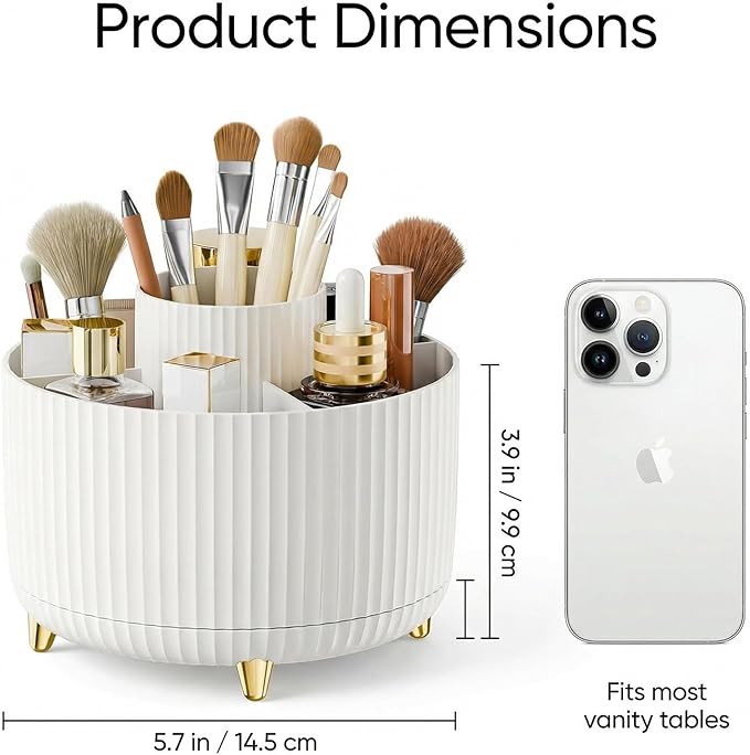 360?? Rotating Makeup Brush Holder with 5 Compartments ?€? Pure White ABS Cosmetic Organizer for Vanity, Bathroom, Desktop | Non-Slip Base, Space-Saving Design | Perfect Bridal Shower Gift