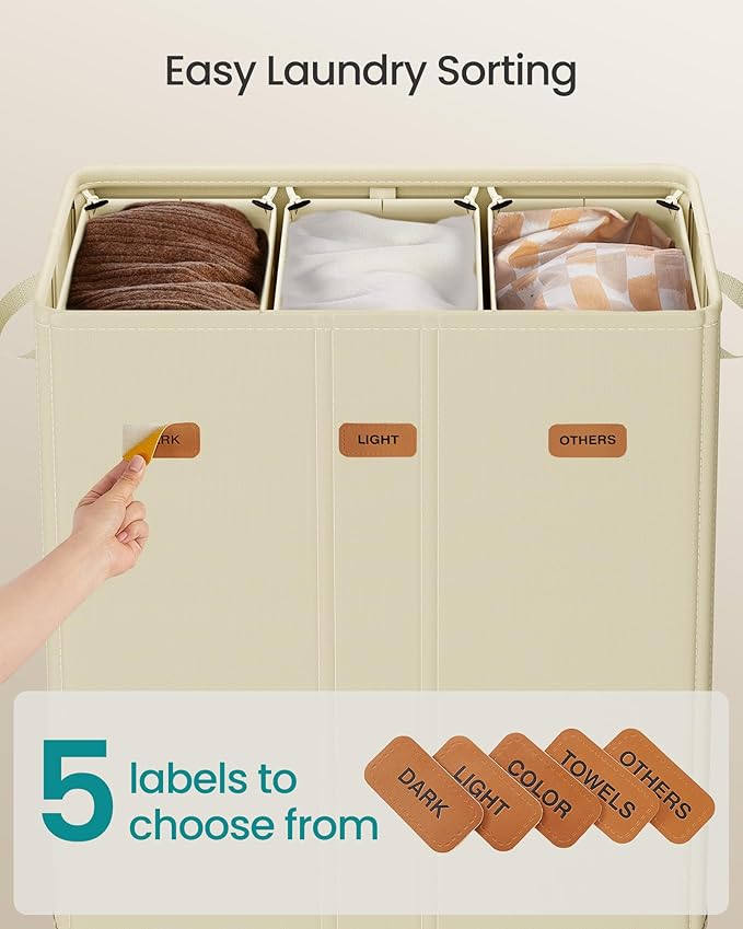 SONGMICS 47.6 Gallon (180 L) Laundry Hamper, 3-Compartment Laundry Basket Sorter with Lid, Labels, Removable Liner Bags, for Bedroom, Cream White URLH013W01